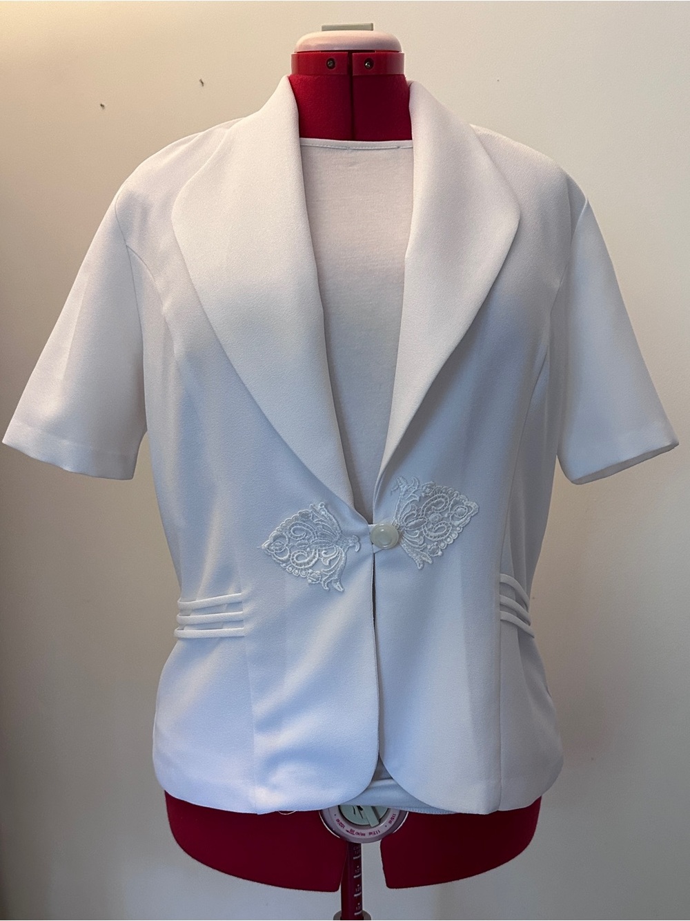 Vintage White Dress Jacket Short Sleeve Blazer Embroidered Button Front Women's